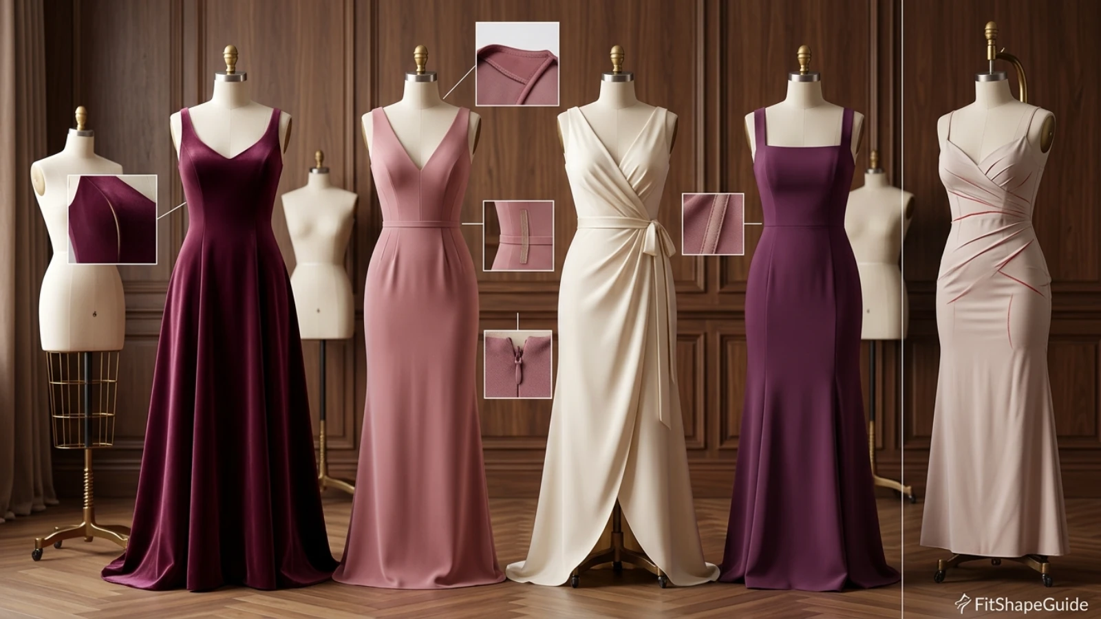 Formal gown bodice fit comparison showing bust shaping neckline stability and waist placement