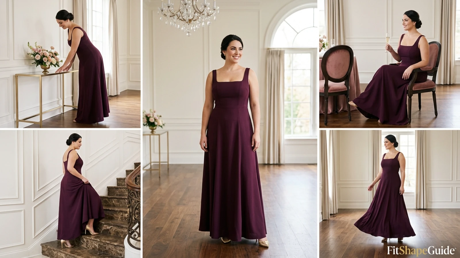 Formal gown seated reach and dance movement test for a fuller bust