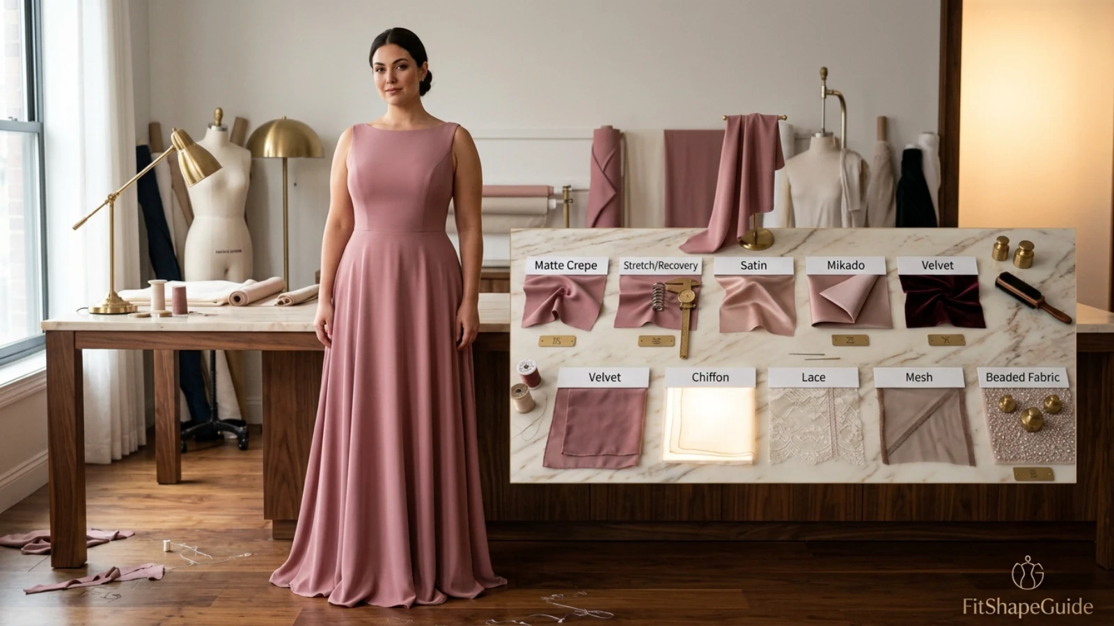 Formal gown fabric lining opacity and recovery test for a fuller bust
