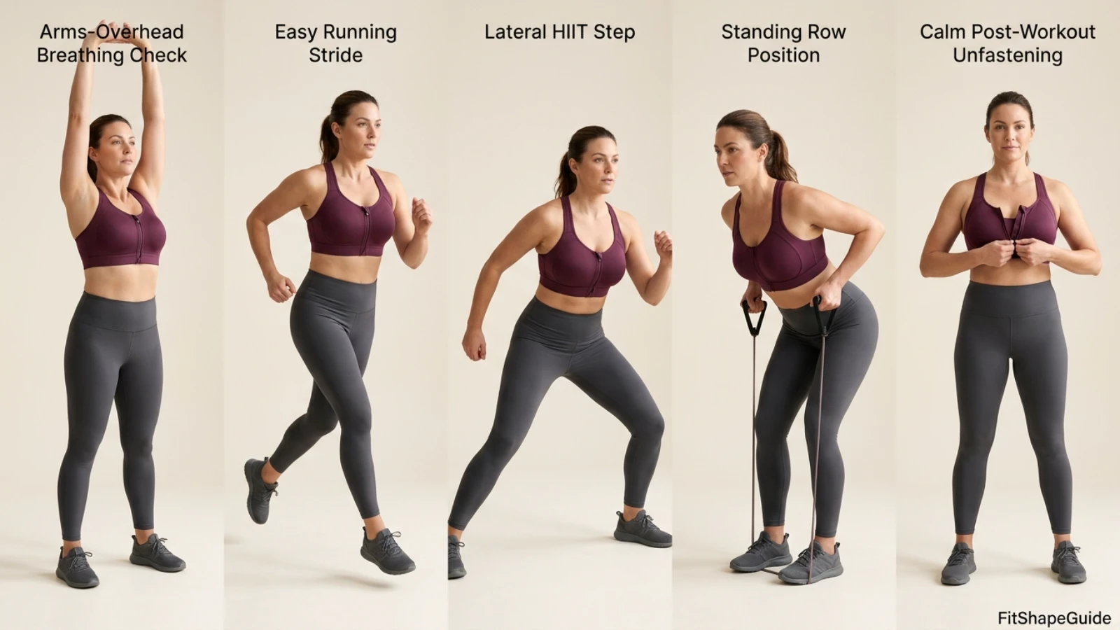 Front-close sports bra tests for running HIIT lifting and removal