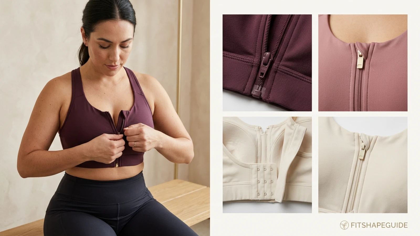 Front-close sports bra zipper hook and guard security details