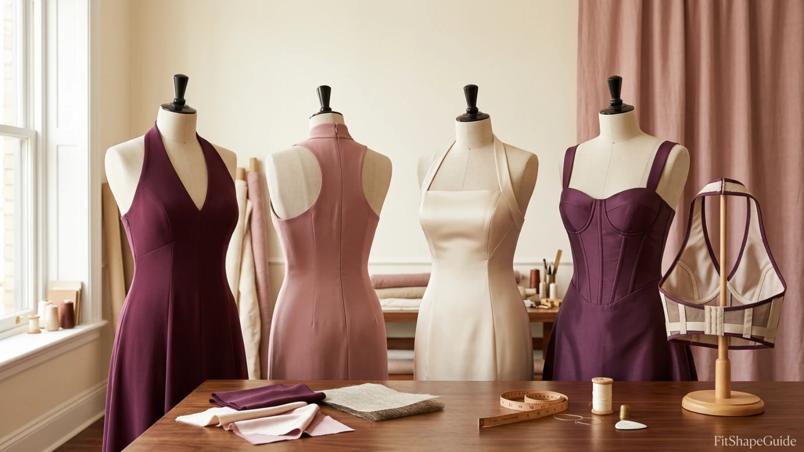 Halter dress support anatomy showing wide neck band bust shaping side coverage back and waist anchor