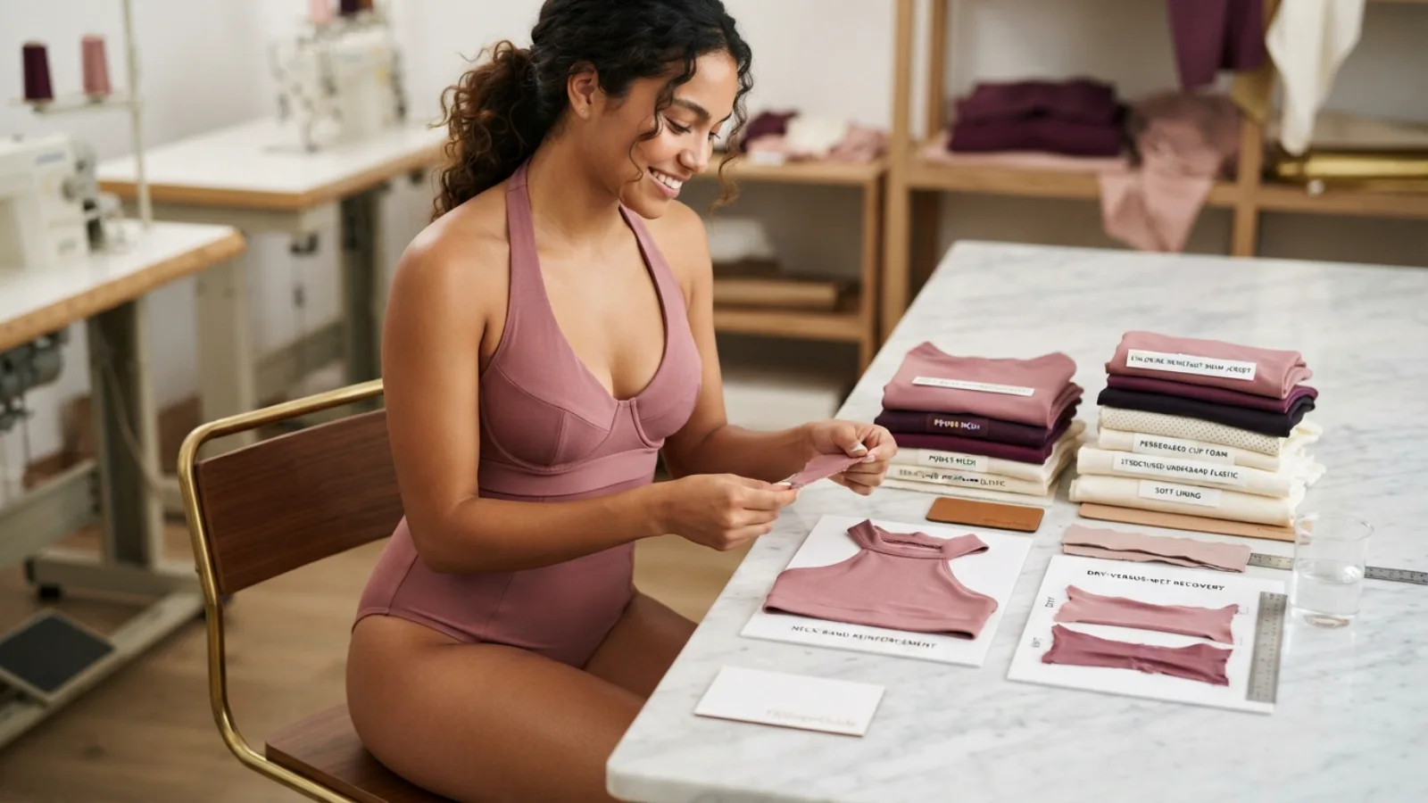 Halter swimsuit fabric lining and wet-recovery test for a fuller bust