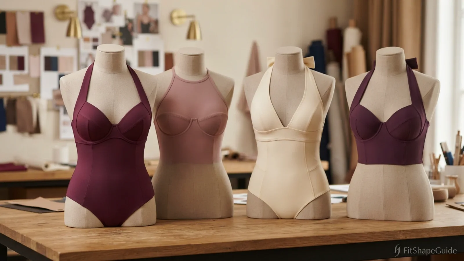 Halter swimsuit support anatomy showing wide neck band bust shaping side coverage back and underbust and back anchor