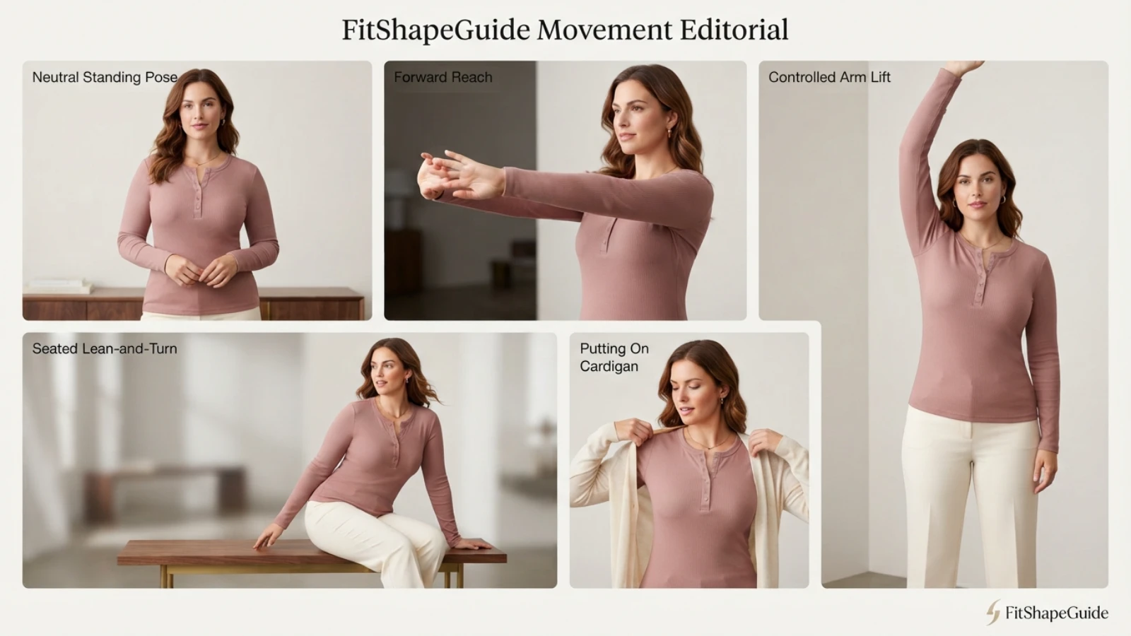 Henley top tested while breathing reaching lifting arms sitting turning and checking knit recovery