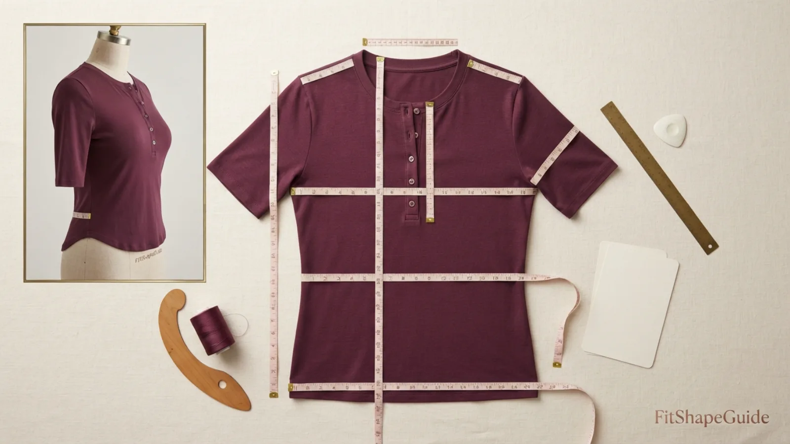 Henley top measured across bust shoulders waist hem armhole bicep sleeve placket neckline and front length
