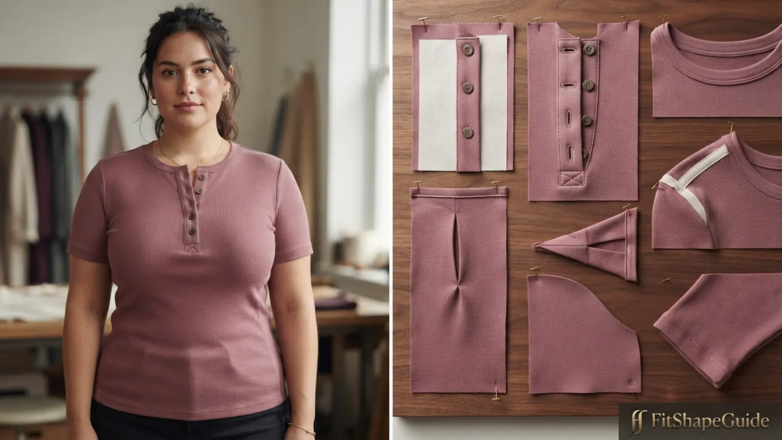 Henley top construction showing stable neckline reinforced placket bust shaping sleeve fit and balanced front length