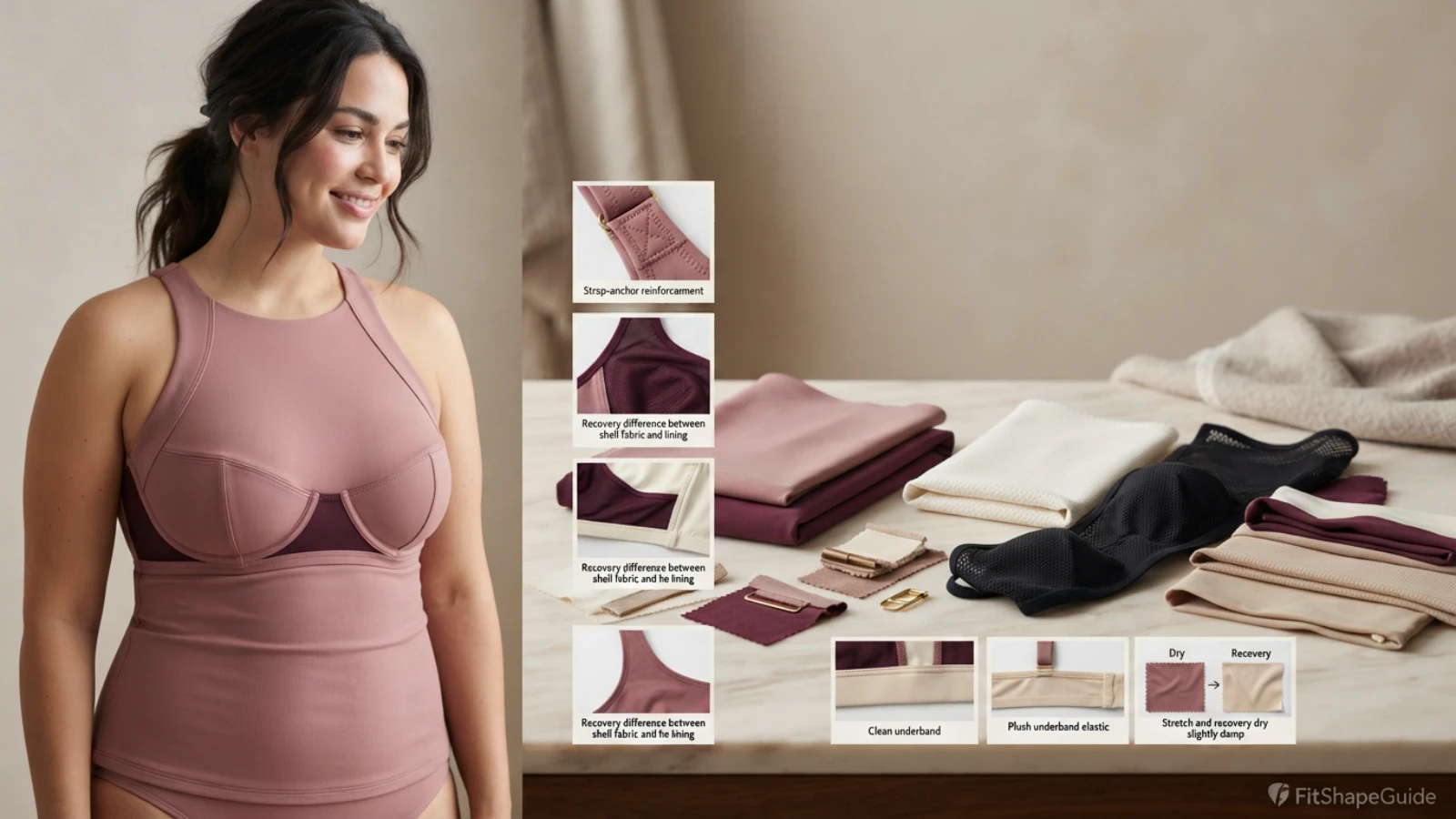 High-neck swimsuit fabric lining and wet-recovery test for a fuller bust