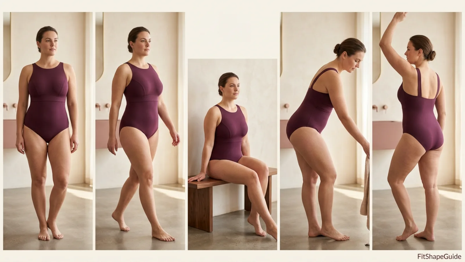 High-neck swimsuit standing seated reaching walking and turning strap comfort test