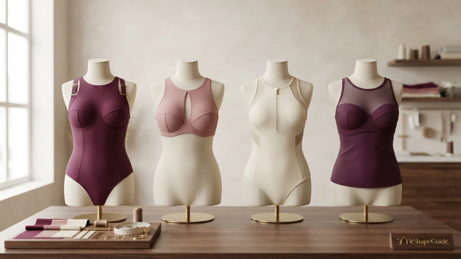 High-neck swimsuit support anatomy showing wide shoulder straps bust shaping side coverage back and underbust and back anchor