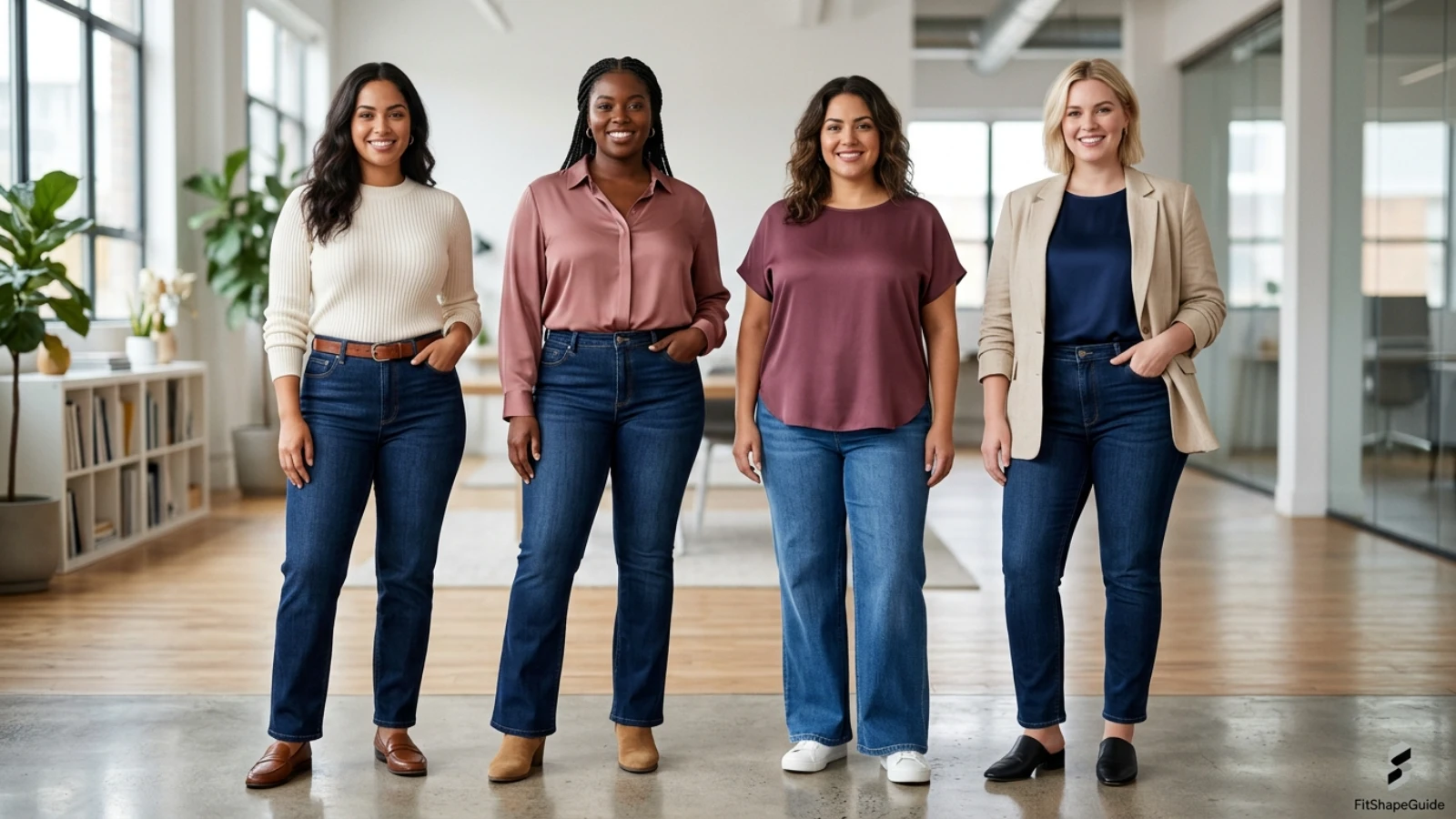 High-rise jeans paired with tucked, untucked and blazer-layered fuller-bust tops