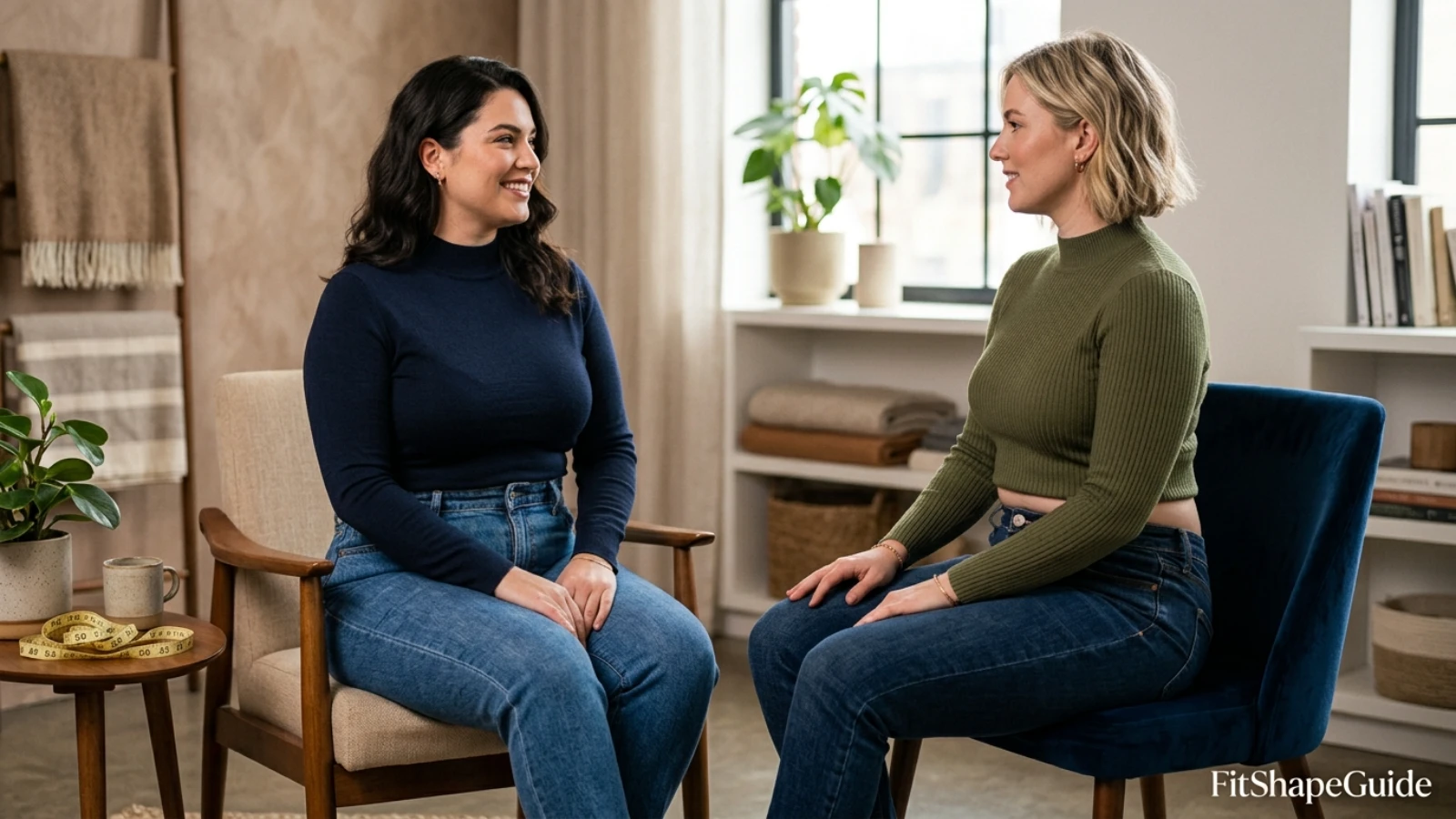 Torso spacing check between high-rise jeans, top hem and bra band