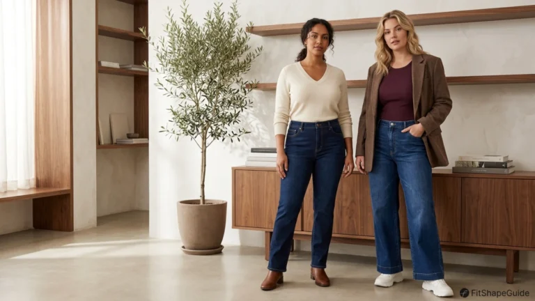 High-waisted straight and wide-leg jeans styled for a large bust