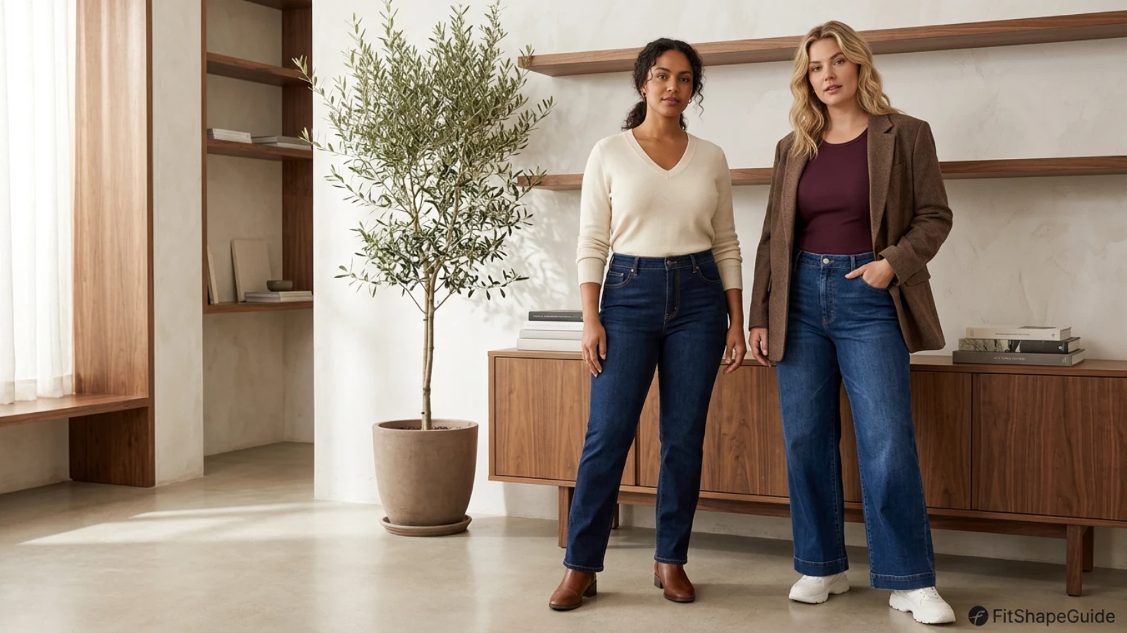 High-waisted straight and wide-leg jeans styled for a large bust