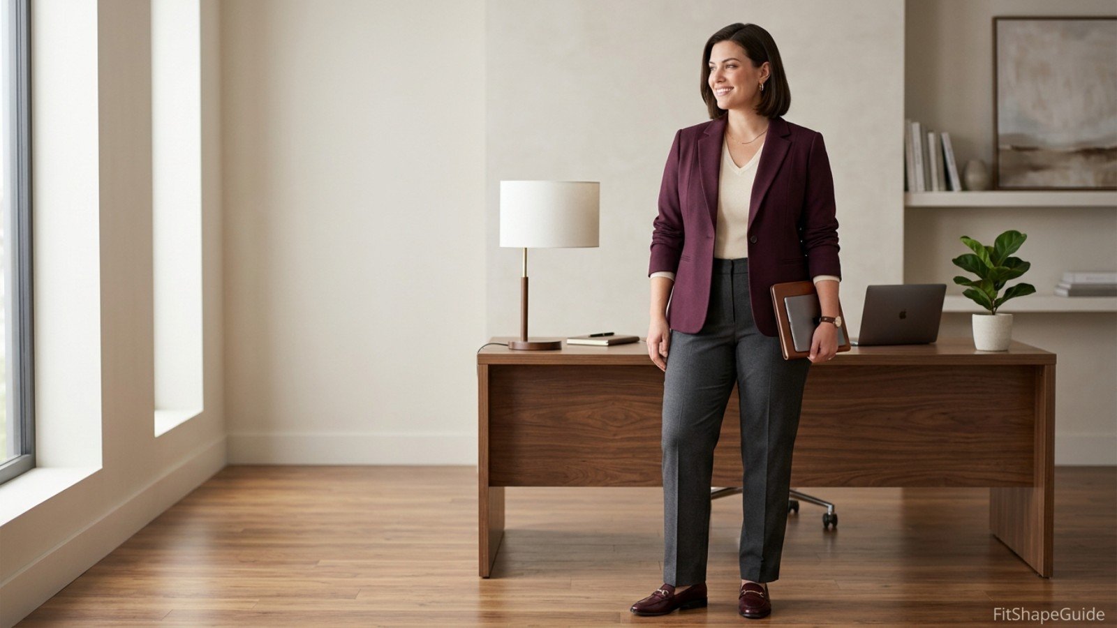 Polished office outfit for a large bust with shaped blazer and smooth knit top