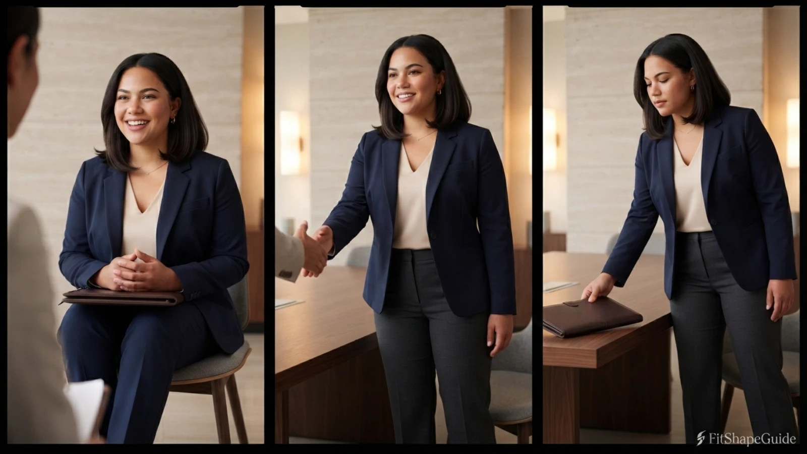 Seated movement and blazer fit test for a fuller-bust interview outfit
