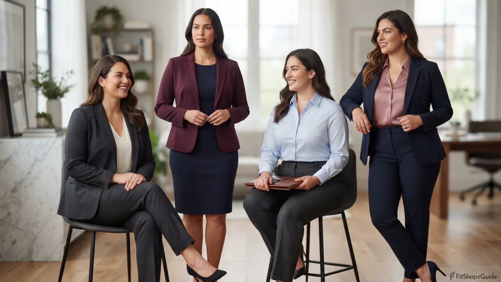 Formal and business casual interview outfit options for a large bust