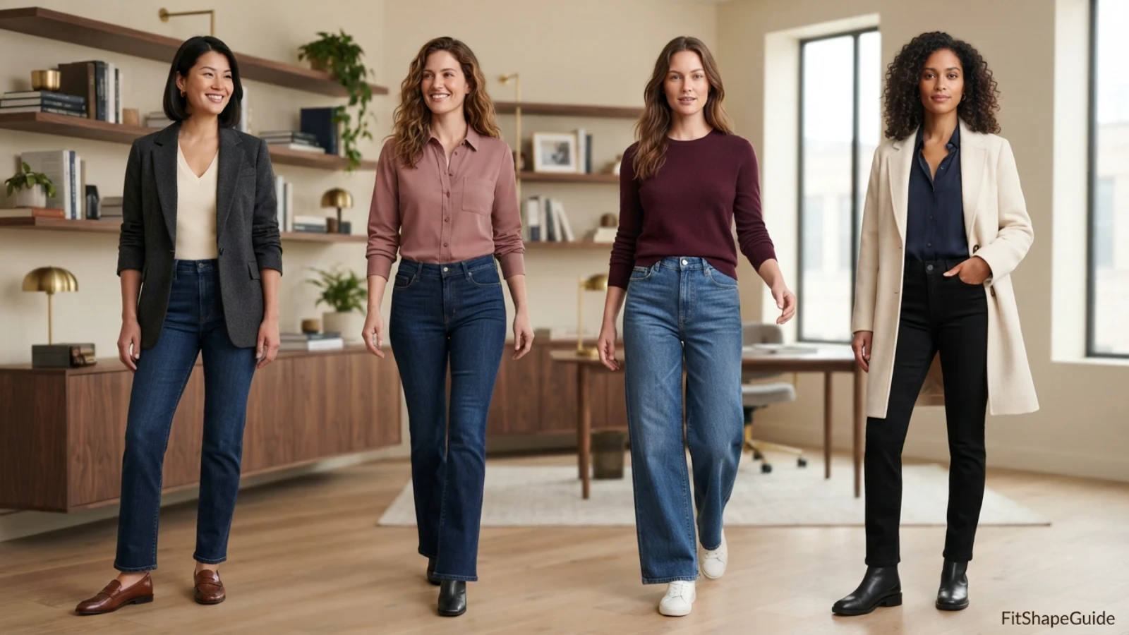 Straight, bootcut, wide-leg and slim-straight jeans with fuller-bust tops