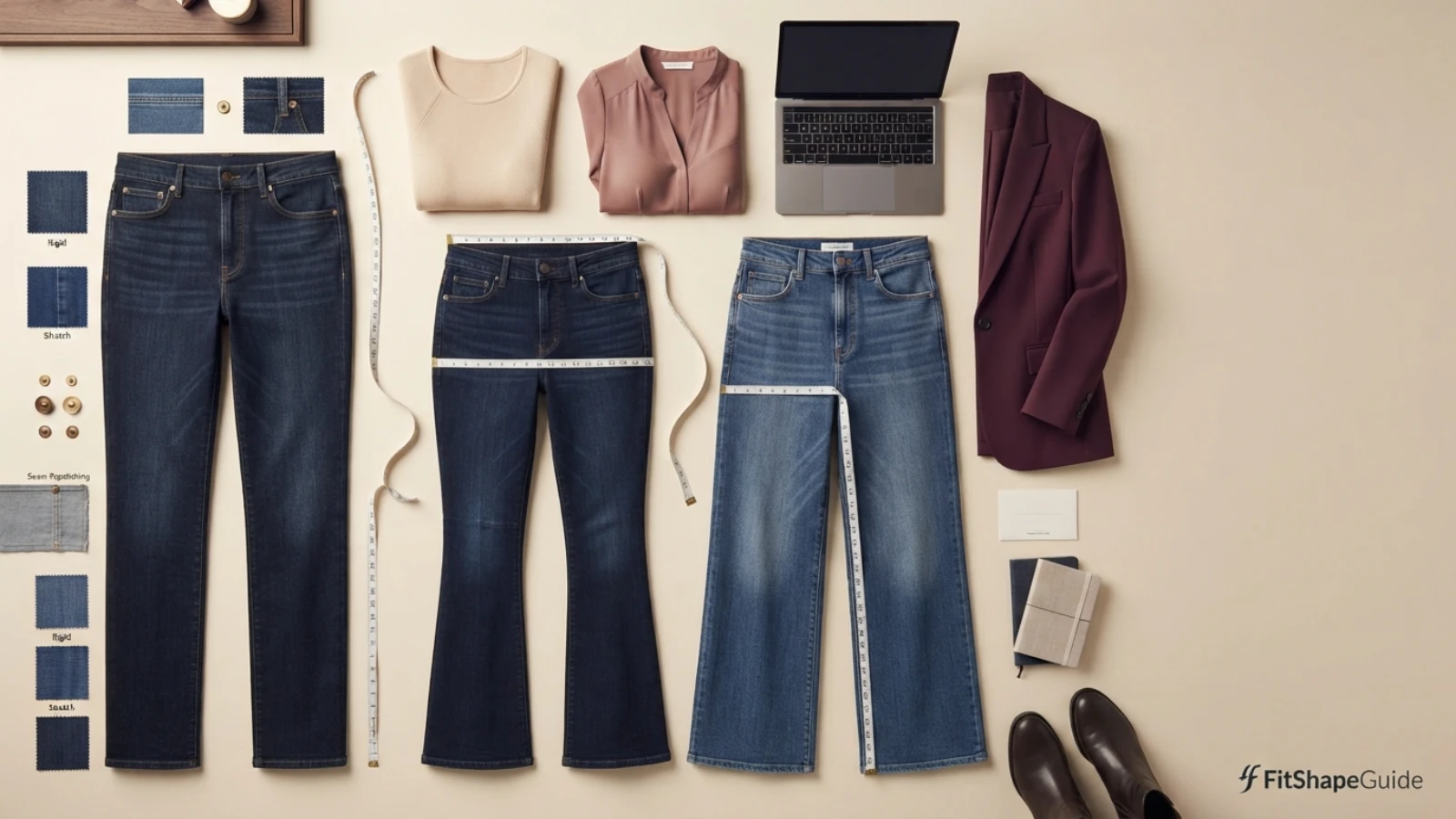 Three-pair jeans capsule with denim measurements and shopping checks