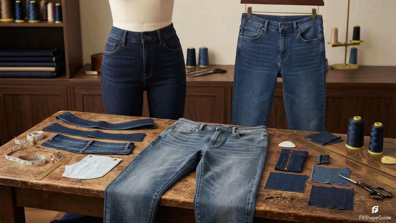 Jeans rise, contoured waistband, pockets and yoke construction check