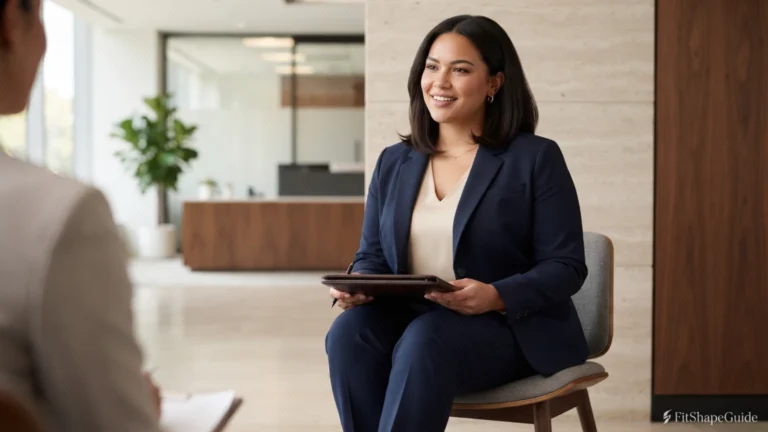 : Professional job interview outfit with a secure top and blazer for a large bust