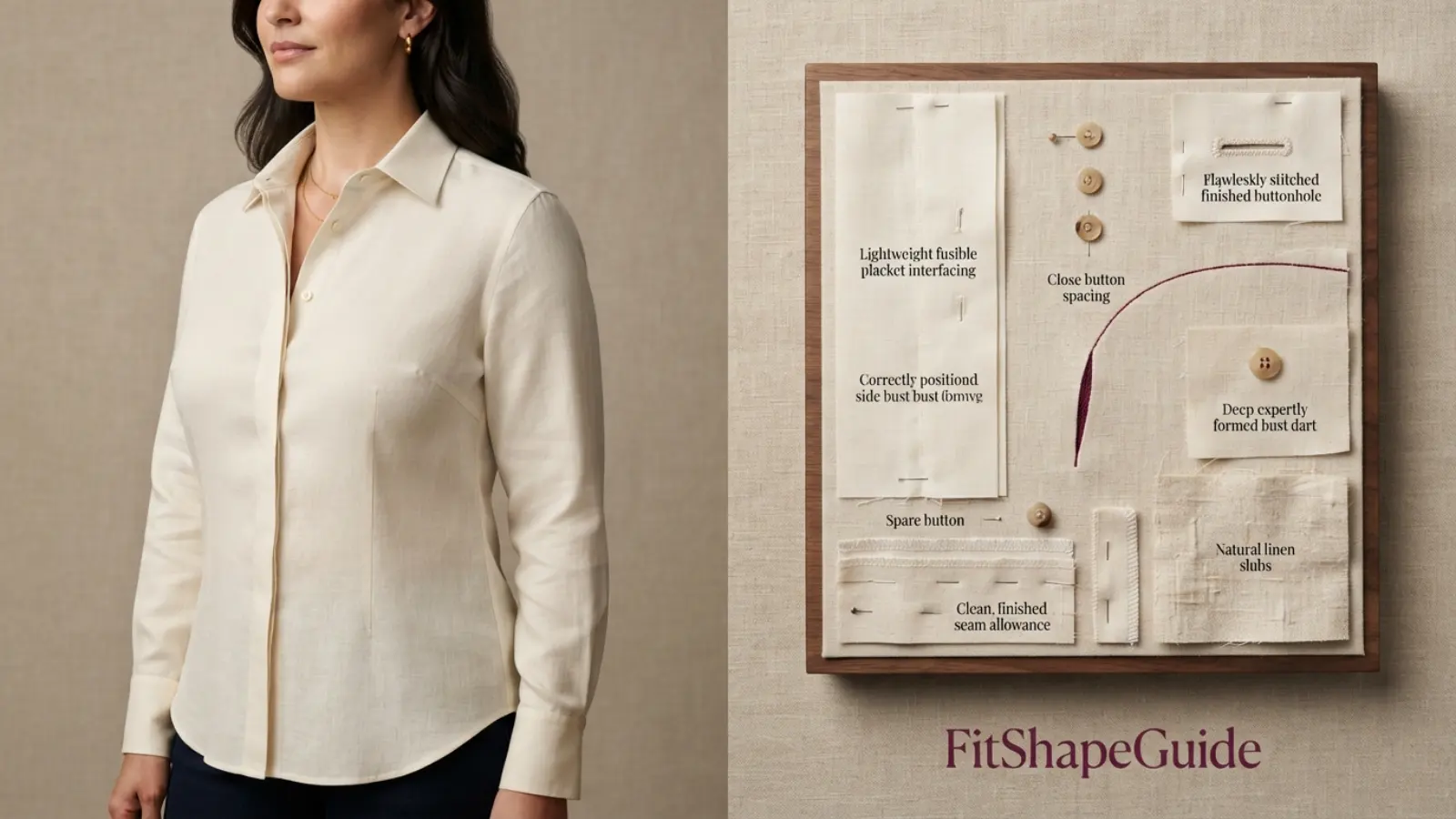 Linen shirt construction showing reinforced placket hidden snap bust dart princess seam and balanced hem