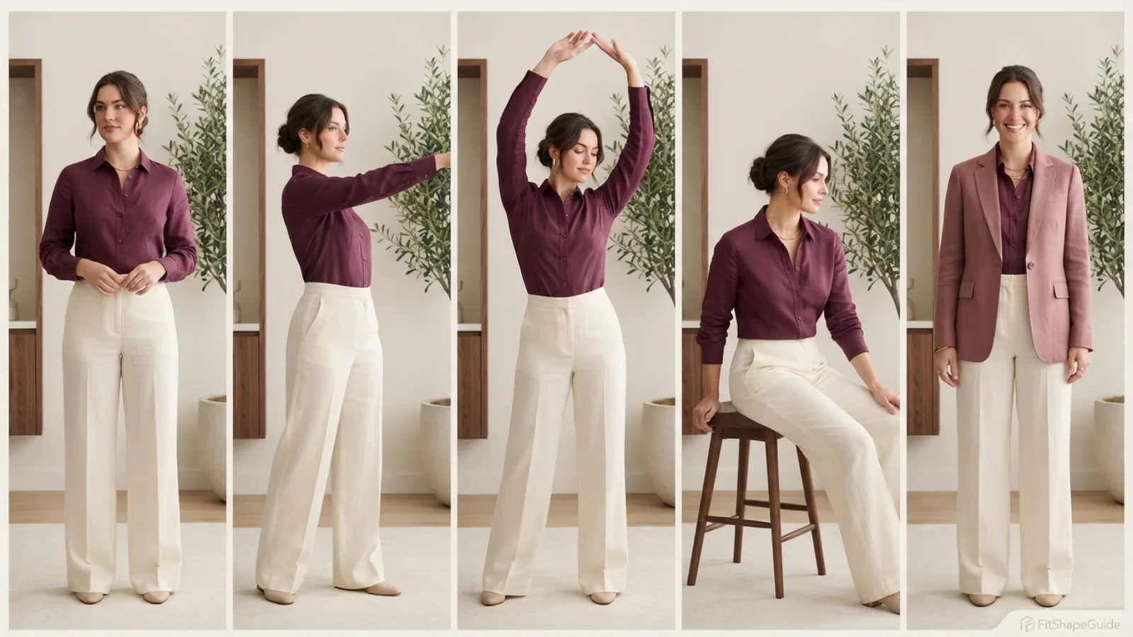 Linen shirt tested while breathing reaching lifting arms sitting turning and layering