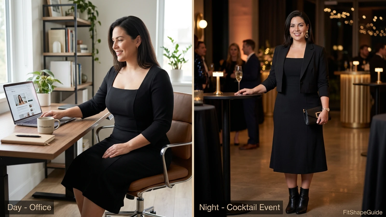 Little black dress day to night styling for a large bust