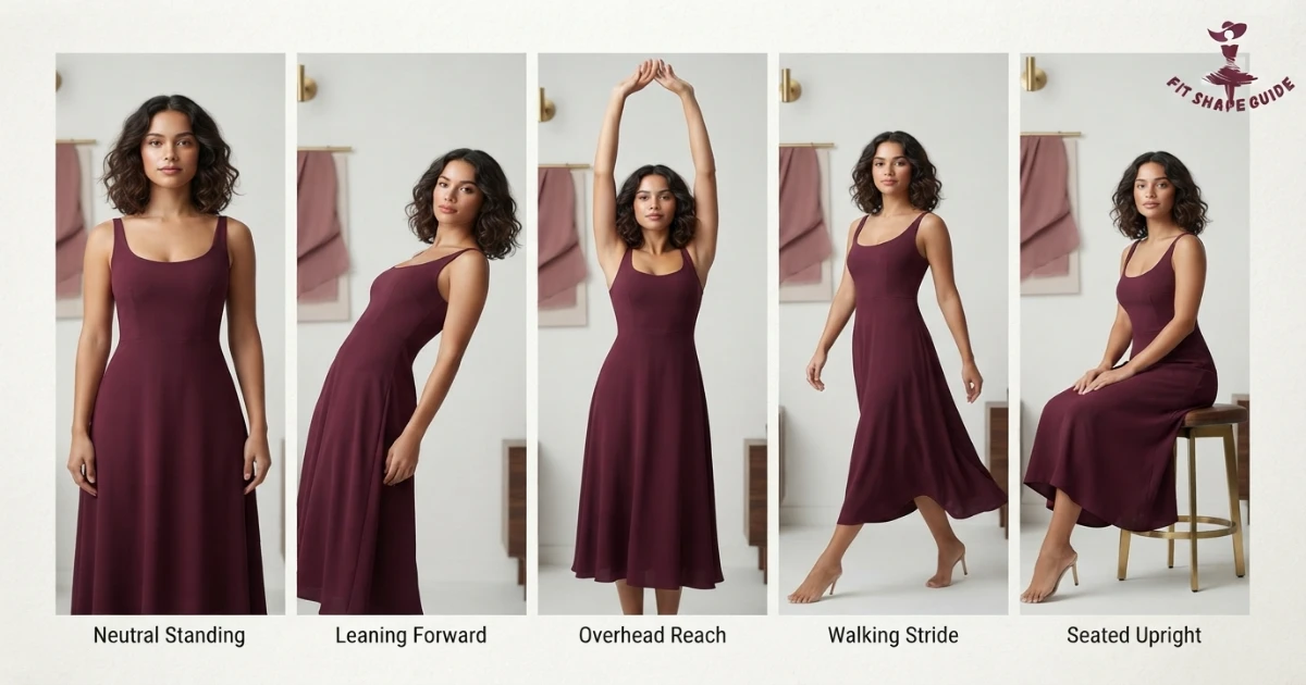midi dress movement and coverage test for a fuller bust