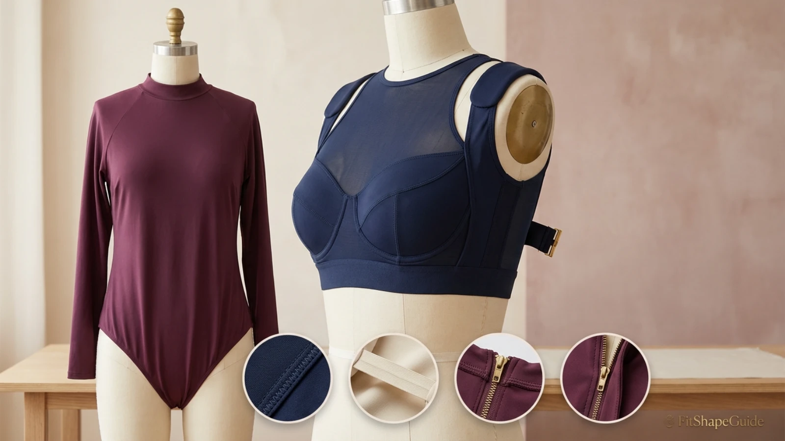 Modest swimsuit support anatomy showing cups underbust anchor side panels straps and outer coverage