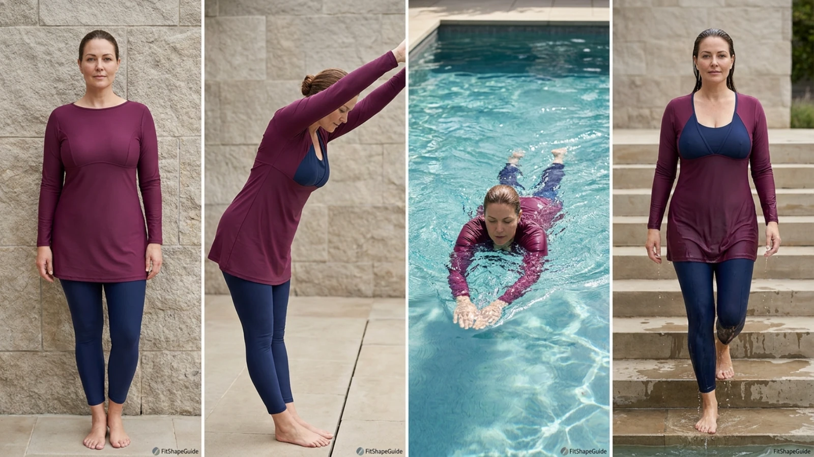 Modest swimsuit wet movement tests for support opacity sleeves tunic hem and leggings