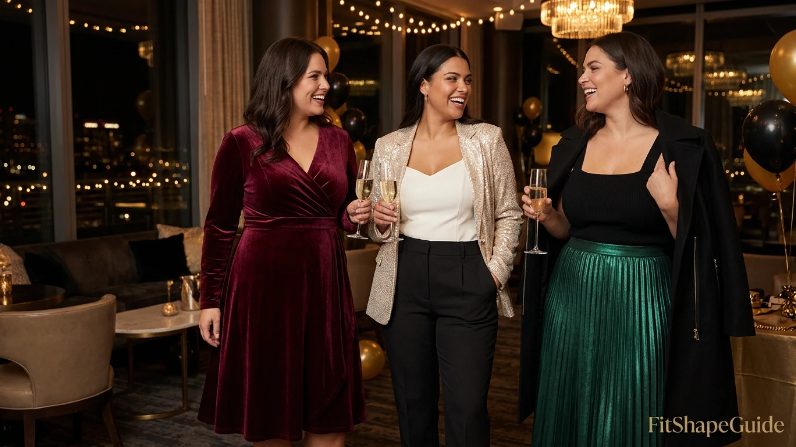 New Year's Eve outfits for a large bust in three festive evening looks