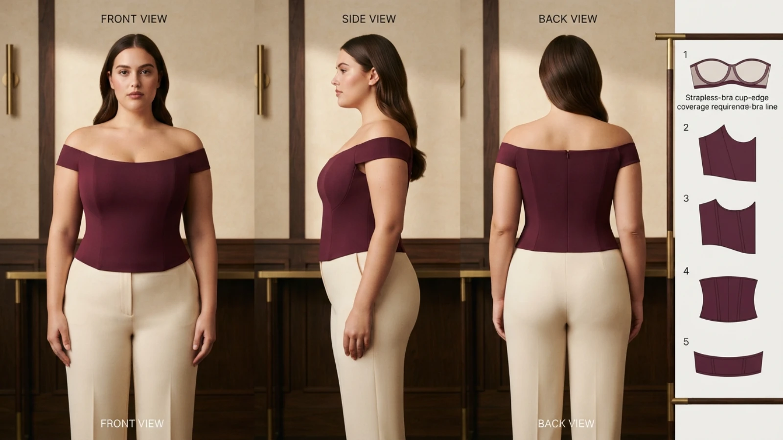 Strapless bra coverage, side height and bust shaping in an off-the-shoulder top
