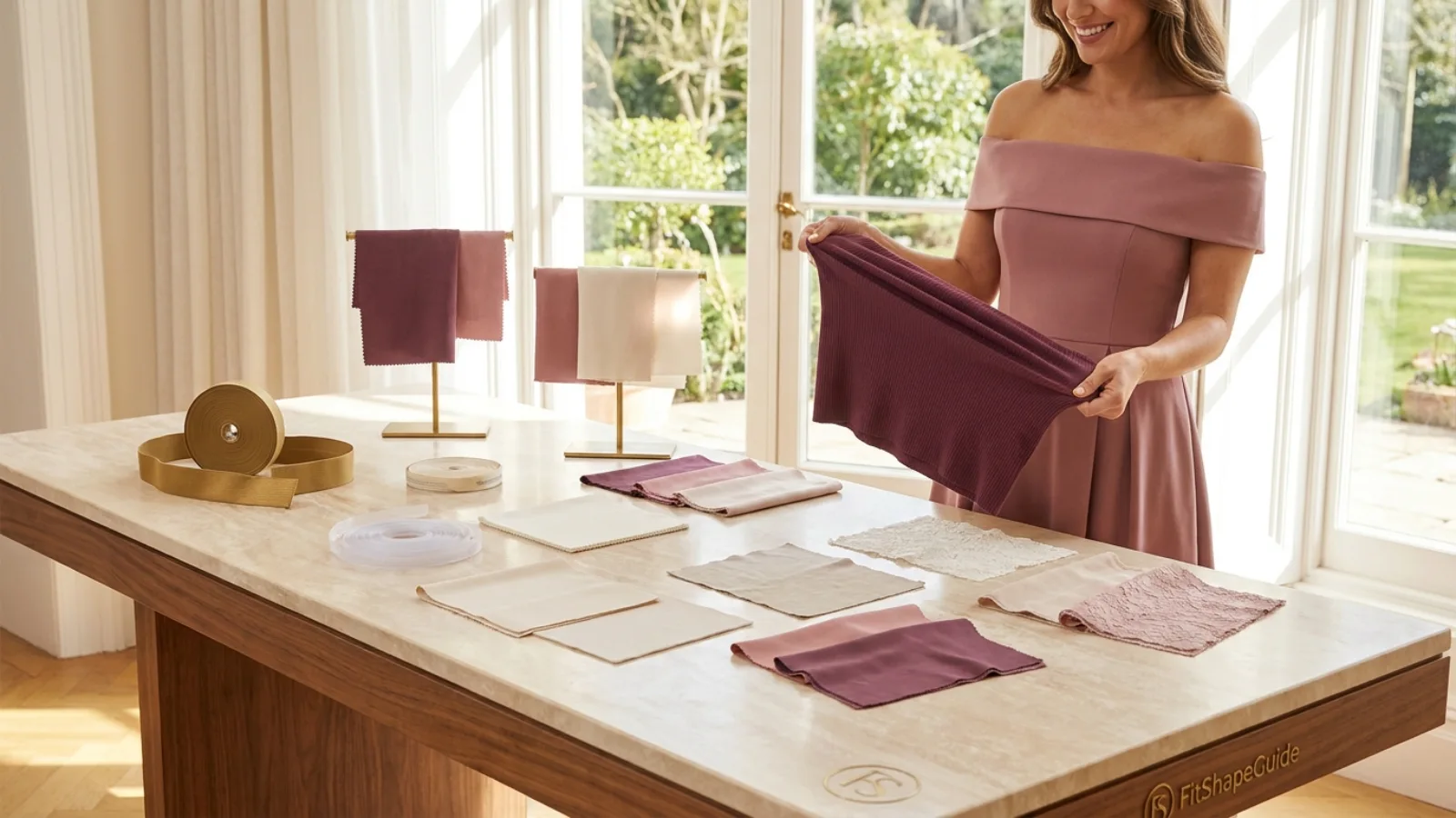 Off-the-shoulder dress fabric elastic lining and recovery test for a fuller bust