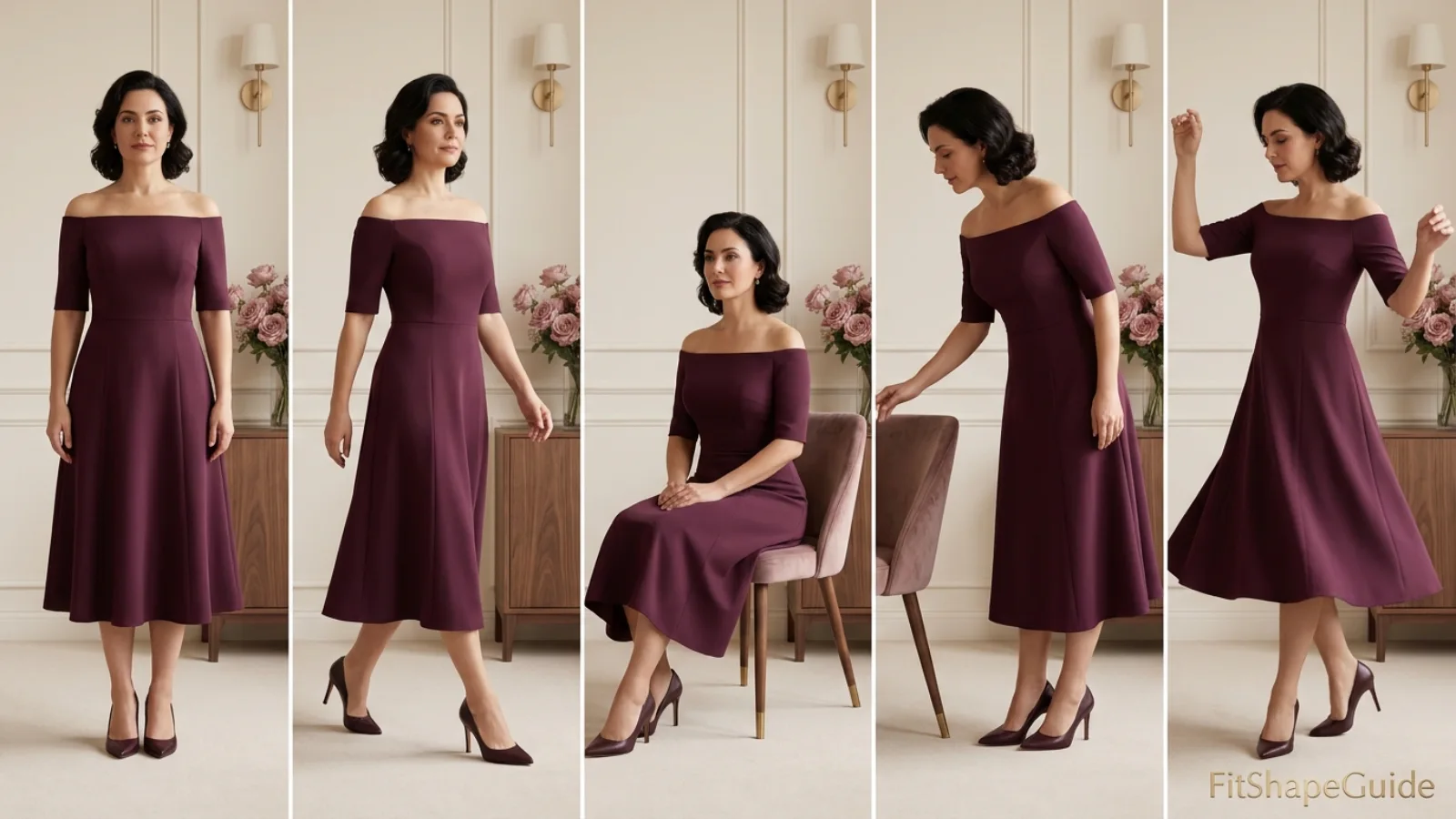 Off-the-shoulder dress standing seated reach and arm movement recovery test