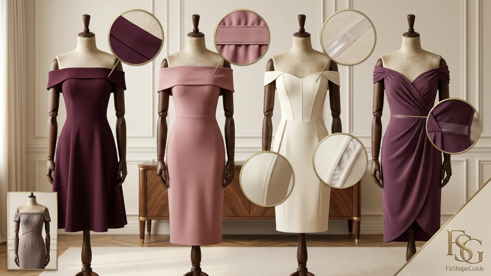 Off-the-shoulder dress neckline anatomy showing grip bust shaping side height and waist anchoring
