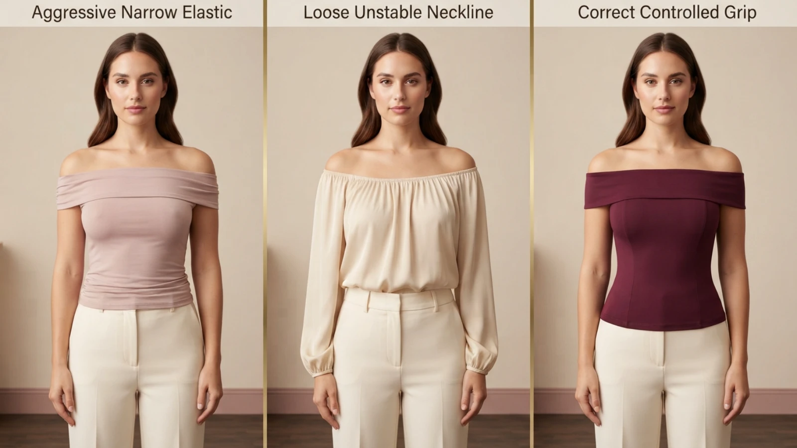 Off-the-shoulder neckline elastic, silicone grip and fold-over construction compared