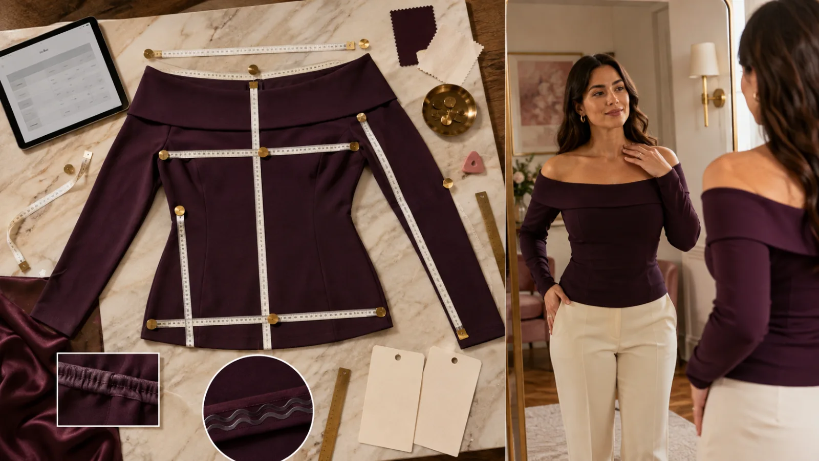 Off-the-shoulder top with strapless bra coverage, bust shaping and side-height checks