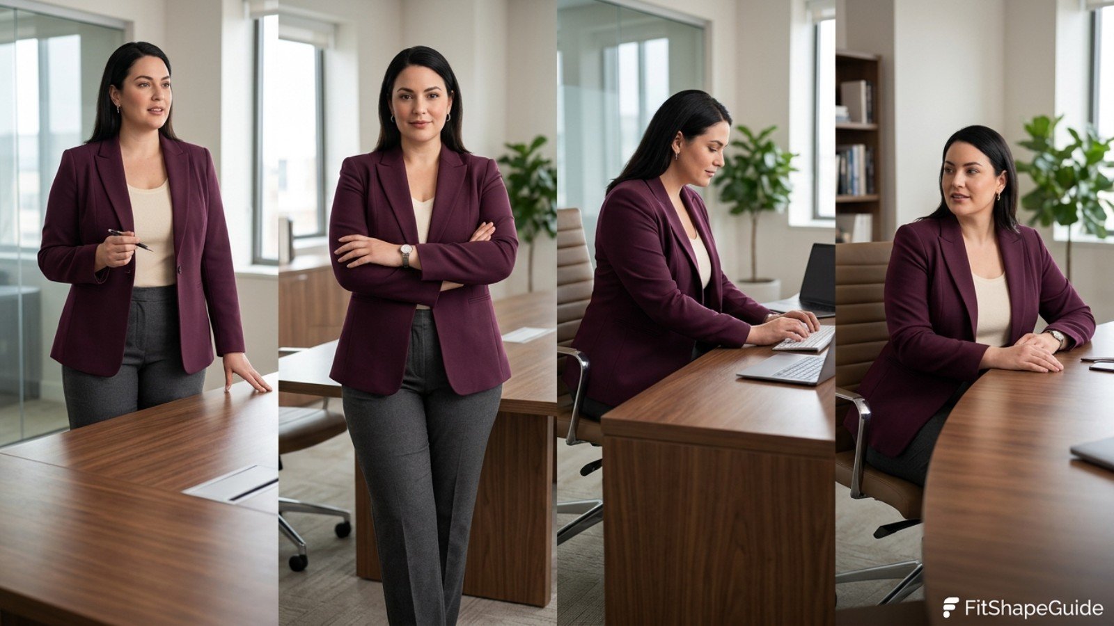 Office blazer seated movement and closure test for a fuller bust