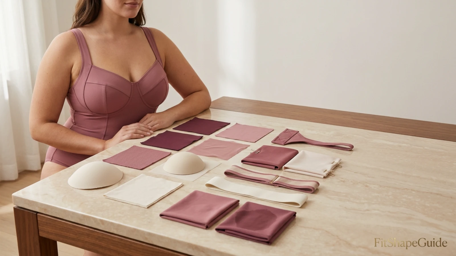 One-piece swimsuit fabric lining and wet-recovery test for a fuller bust