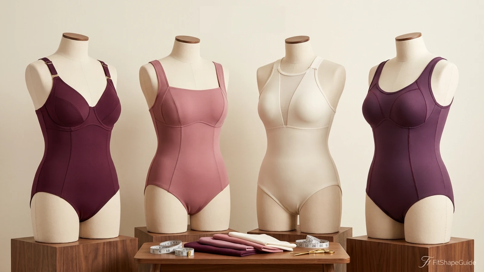 One-piece swimsuit support anatomy showing wide shoulder straps bust shaping side coverage back and underbust and back anchor