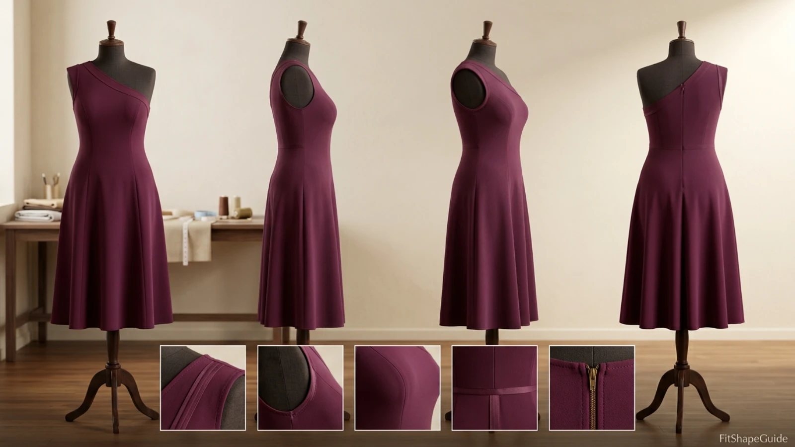 One-shoulder dress asymmetric support anatomy for a large bust