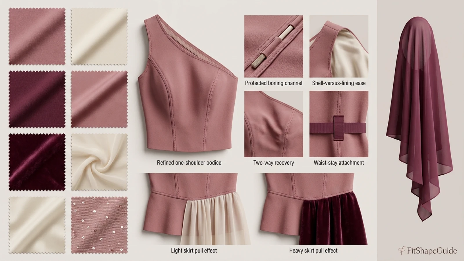 One-shoulder dress fabric lining recovery and skirt-load comparison