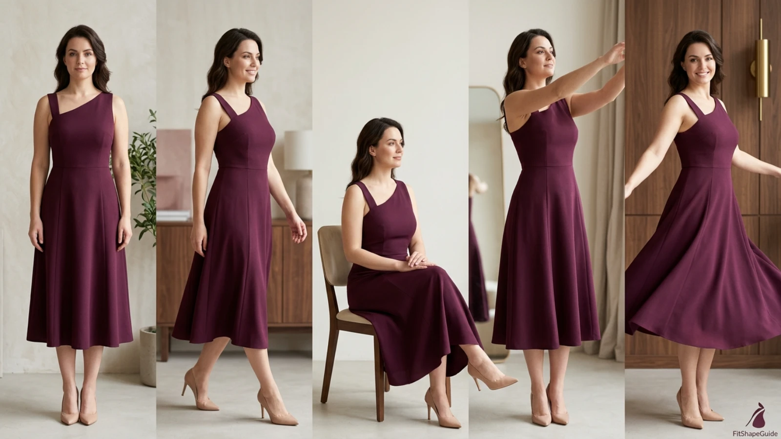 One-shoulder dress standing seated reaching walking and dancing security test
