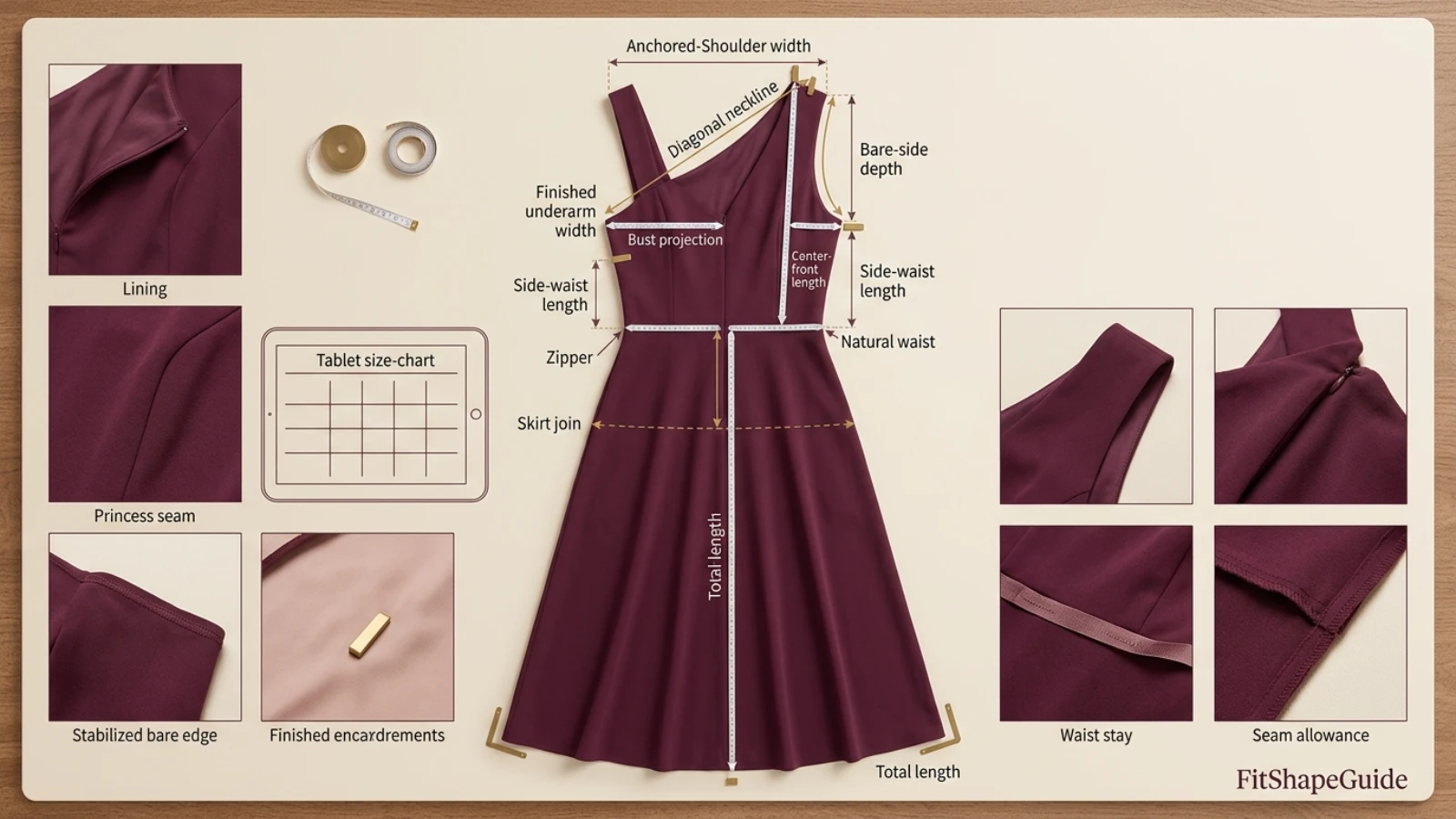 Online measurements for choosing a one-shoulder dress for a large bust