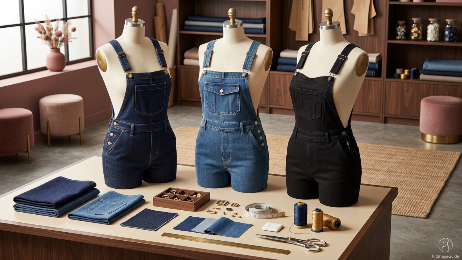 Denim overall bib, strap, buckle and side-button construction details