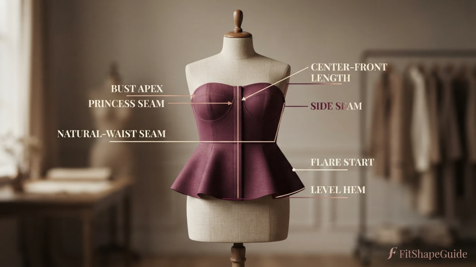 Peplum dress fit points for a large bust including waist seam and flare