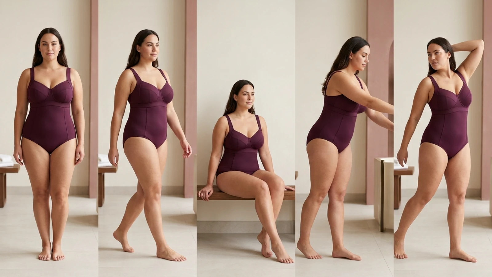Plus-size swimsuit standing seated reaching walking and turning strap comfort test