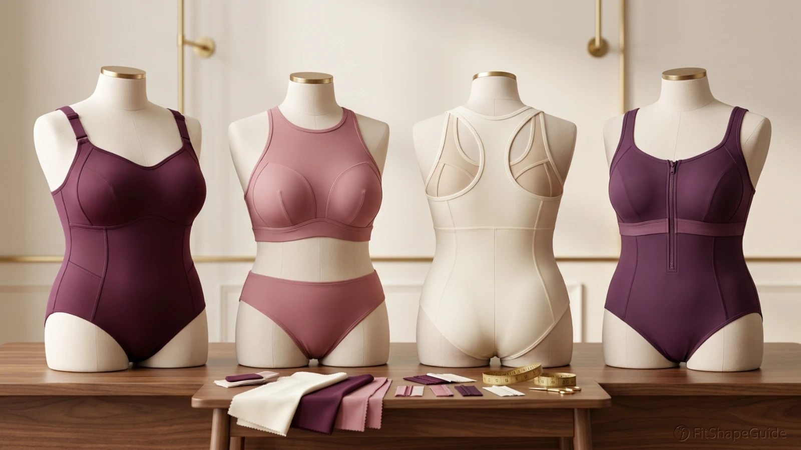 Plus-size swimsuit support anatomy showing wide shoulder straps bust shaping side coverage back and underbust and back anchor