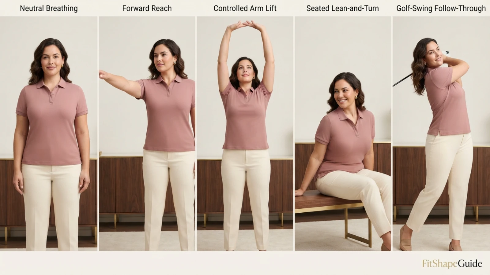 Polo shirt tested while breathing reaching lifting arms sitting turning and checking knit recovery